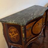 Exquisite Louis XV Style Bombé Commode with Musical Marquetry & Marble