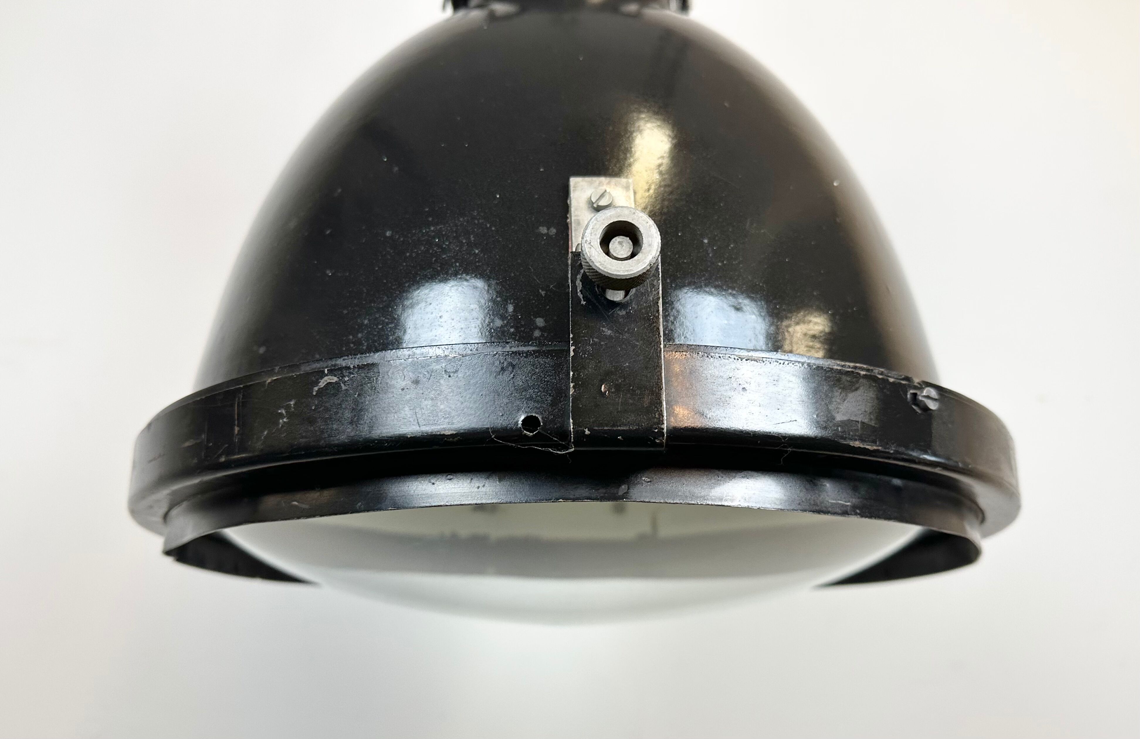 Industrial Black Enamel Factory Spotlight with Convex Glass Cover, 1960s