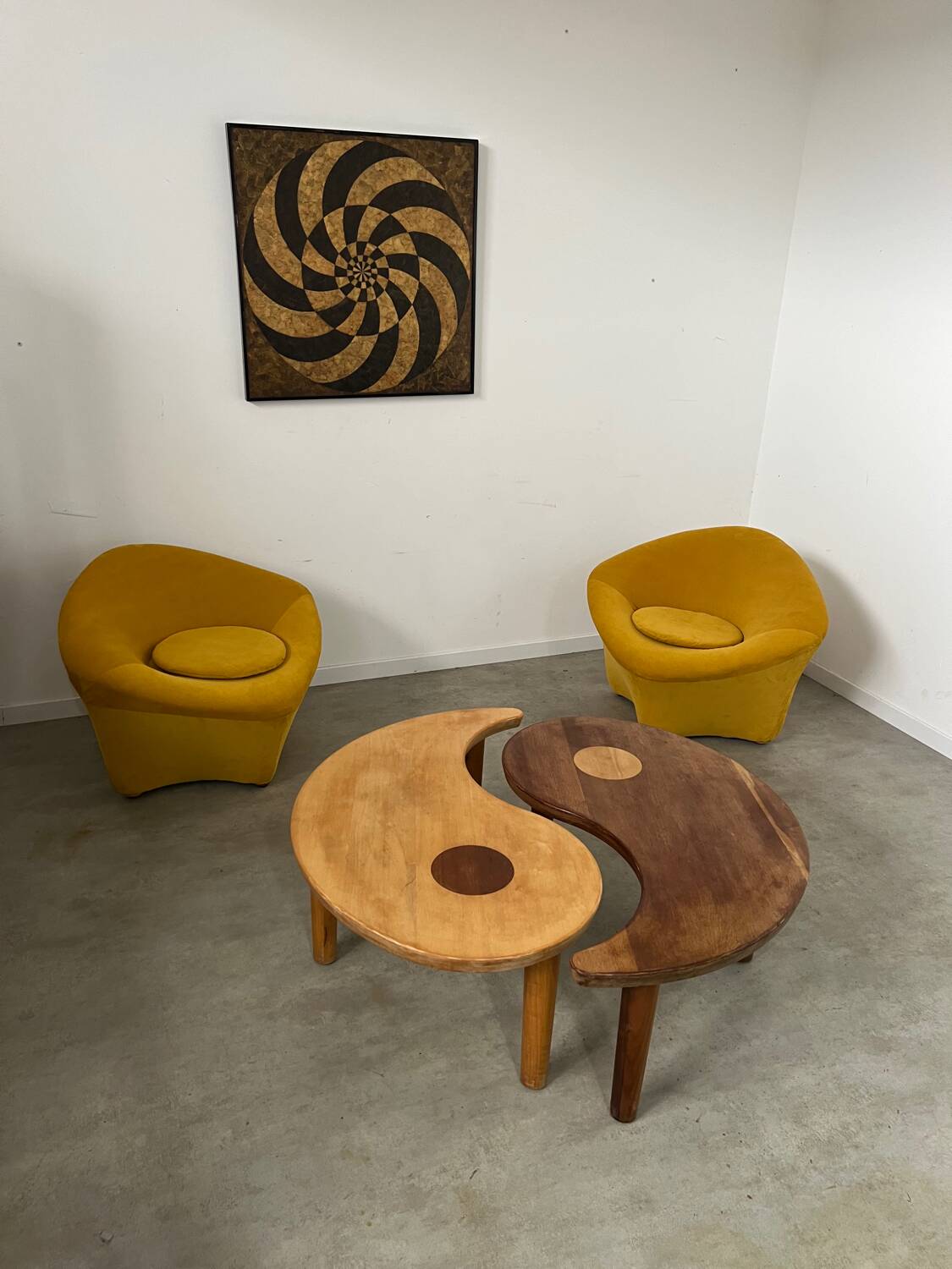 Solid wood coffee table with 2 Yin and Yang elements vintage 60s