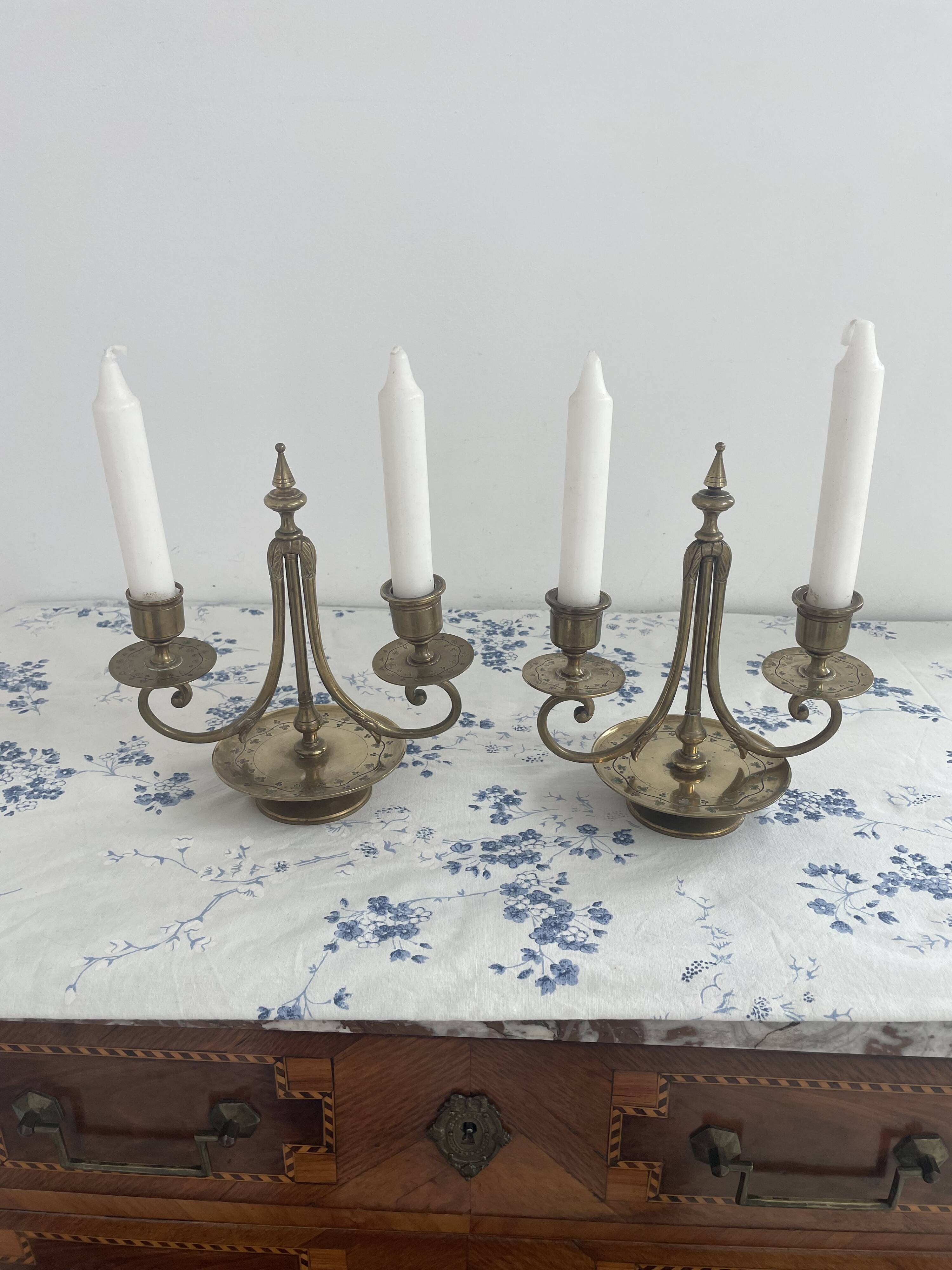 Pair of candlesticks, gilded and enamelled brass, Art Nouveau, early 20th century
