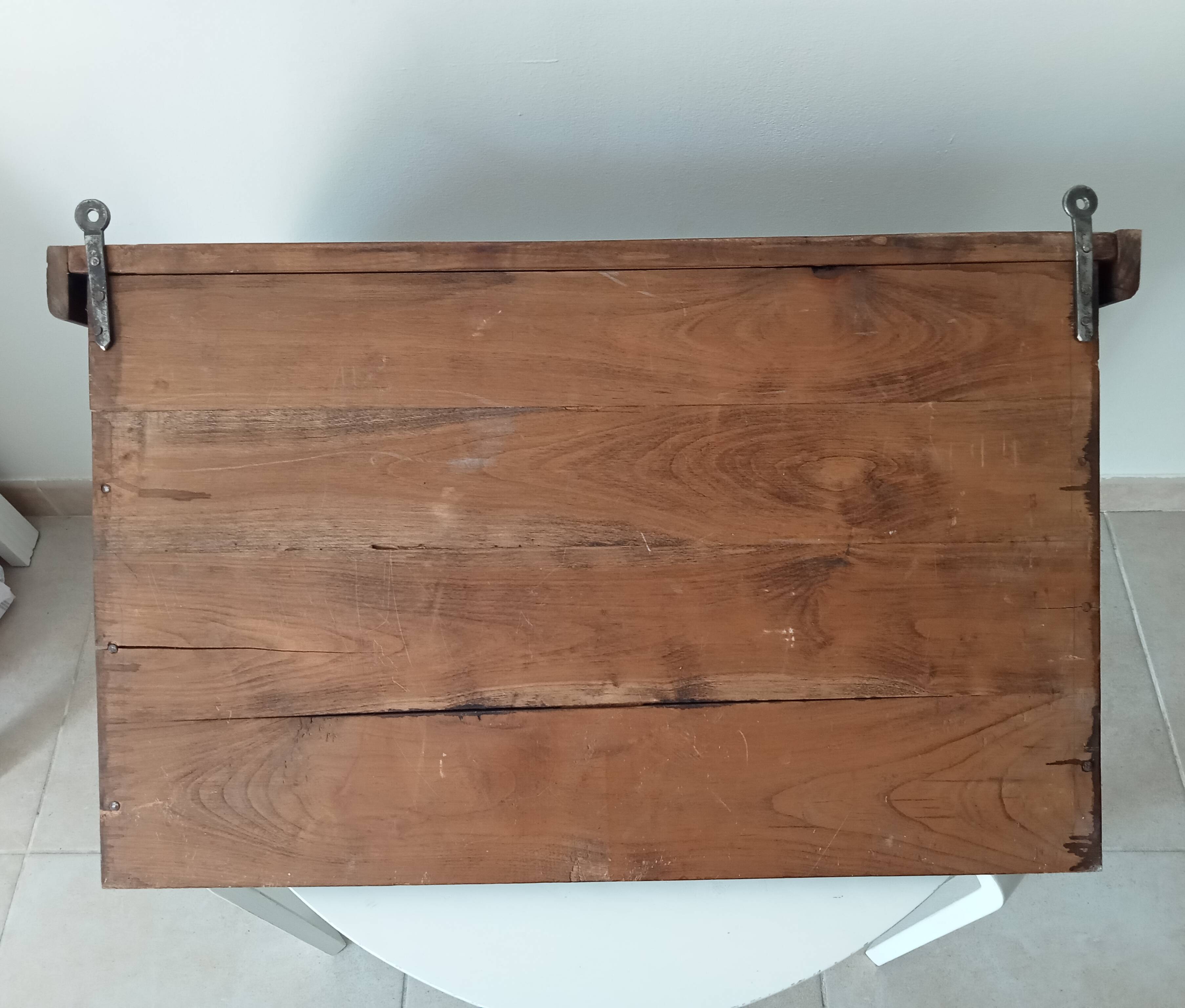 Antique wall shelf in solid chestnut with butcher's hooks