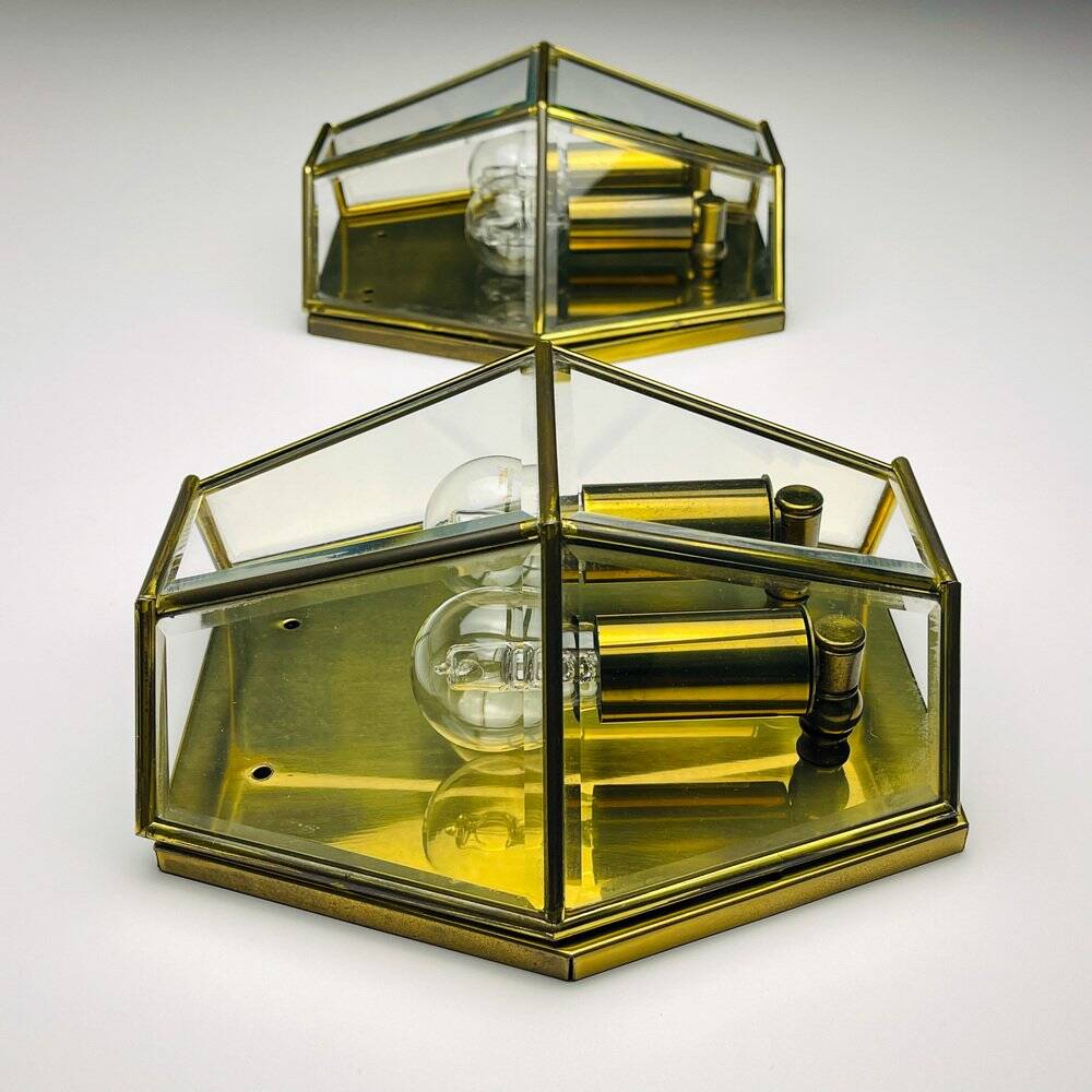 Hexagonal wall sconces in gilded brass and crystal, 1970s, set of 2.