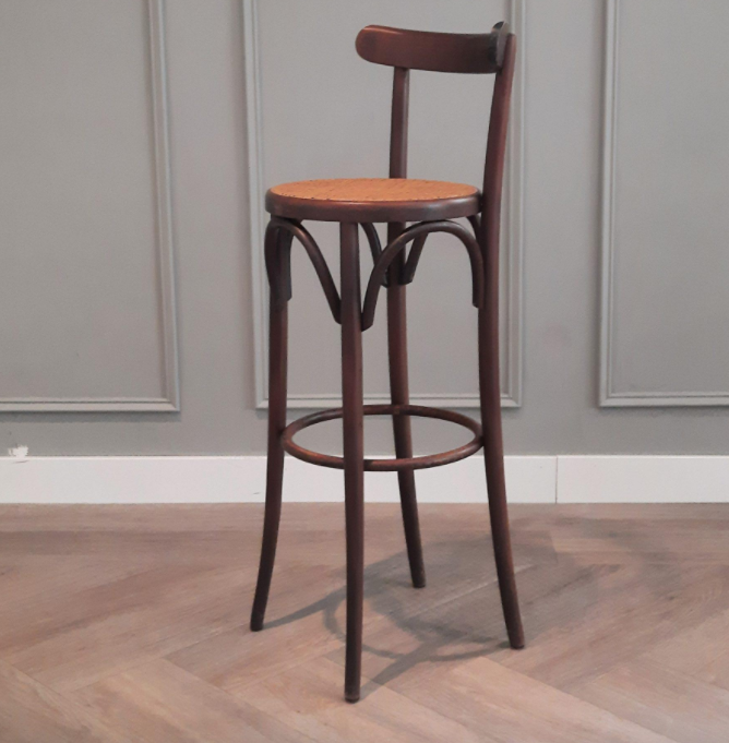 Set of 3 curved wooden bar stools with rattan seat 70s 80s