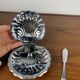 Shell butter dish with vintage knife, silver metal and white insert