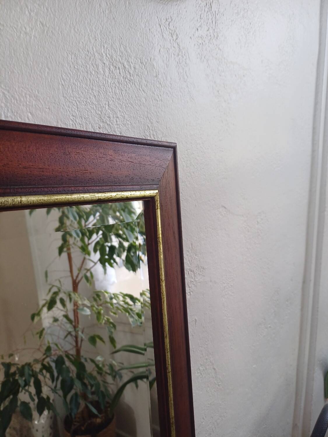 Vintage Cherry Wood Wall Mirror with Gilt Detail & Beveled Glass, 1980