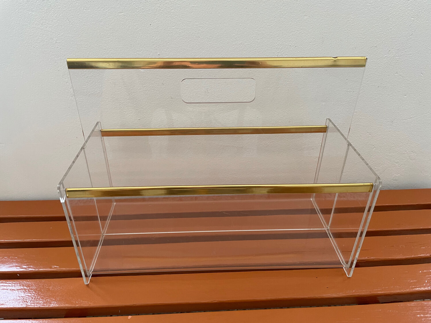 80s Plexiglas and brass magazine rack