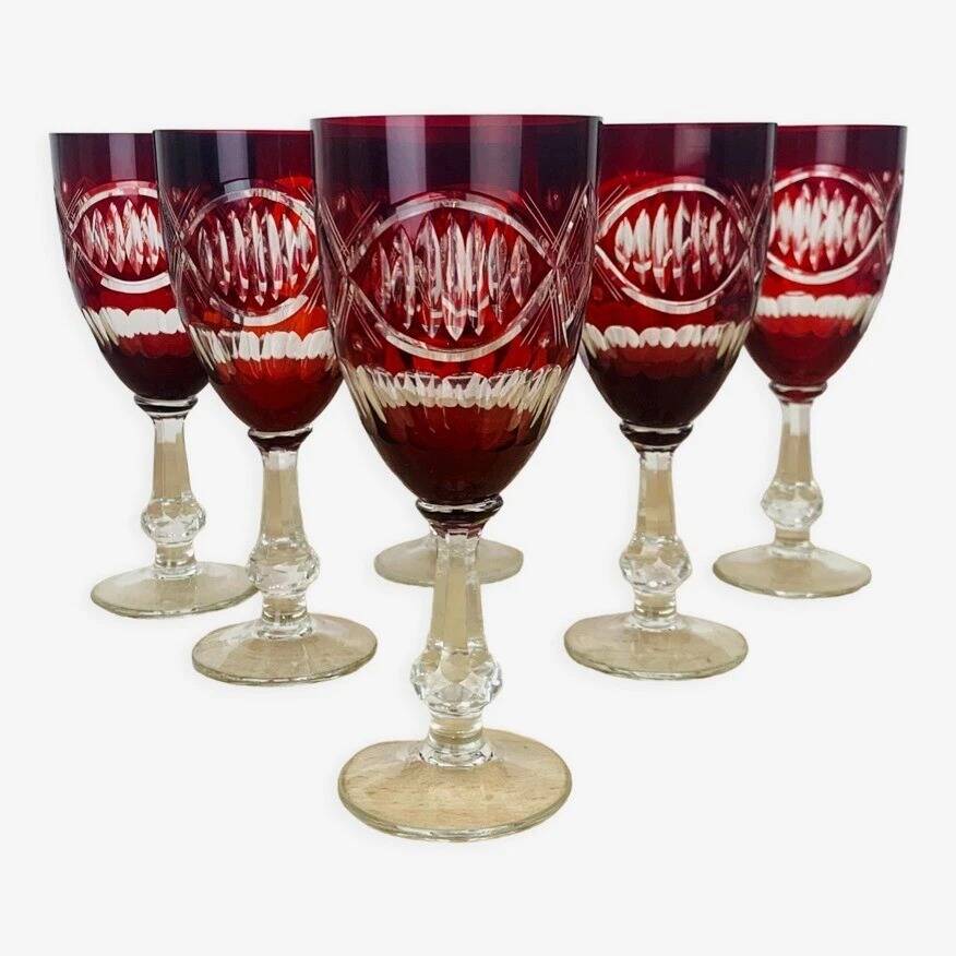 6 antique red Bohemian crystal wine glasses.