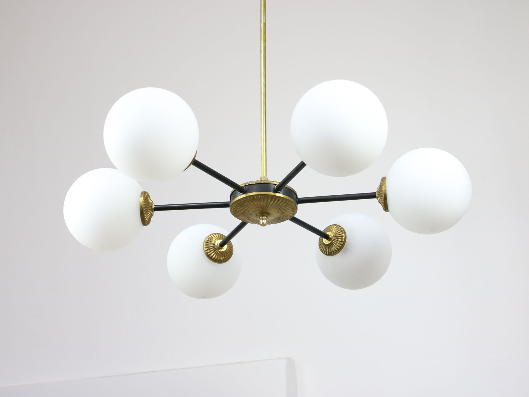 Mid-century sputnik brass and opaline glass chandelier