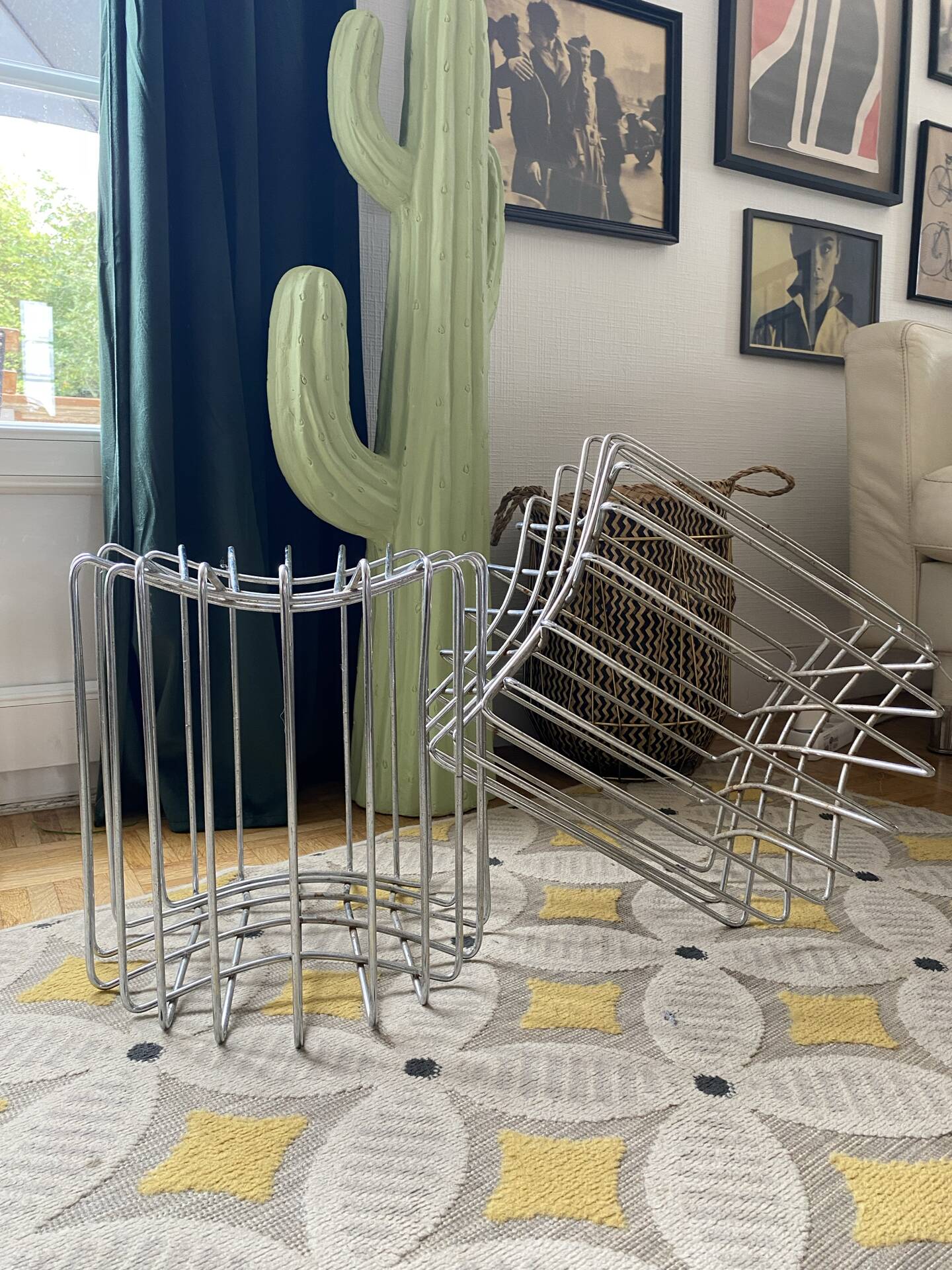 Set of 2 Vintage mid-century chrome wire poufs stools