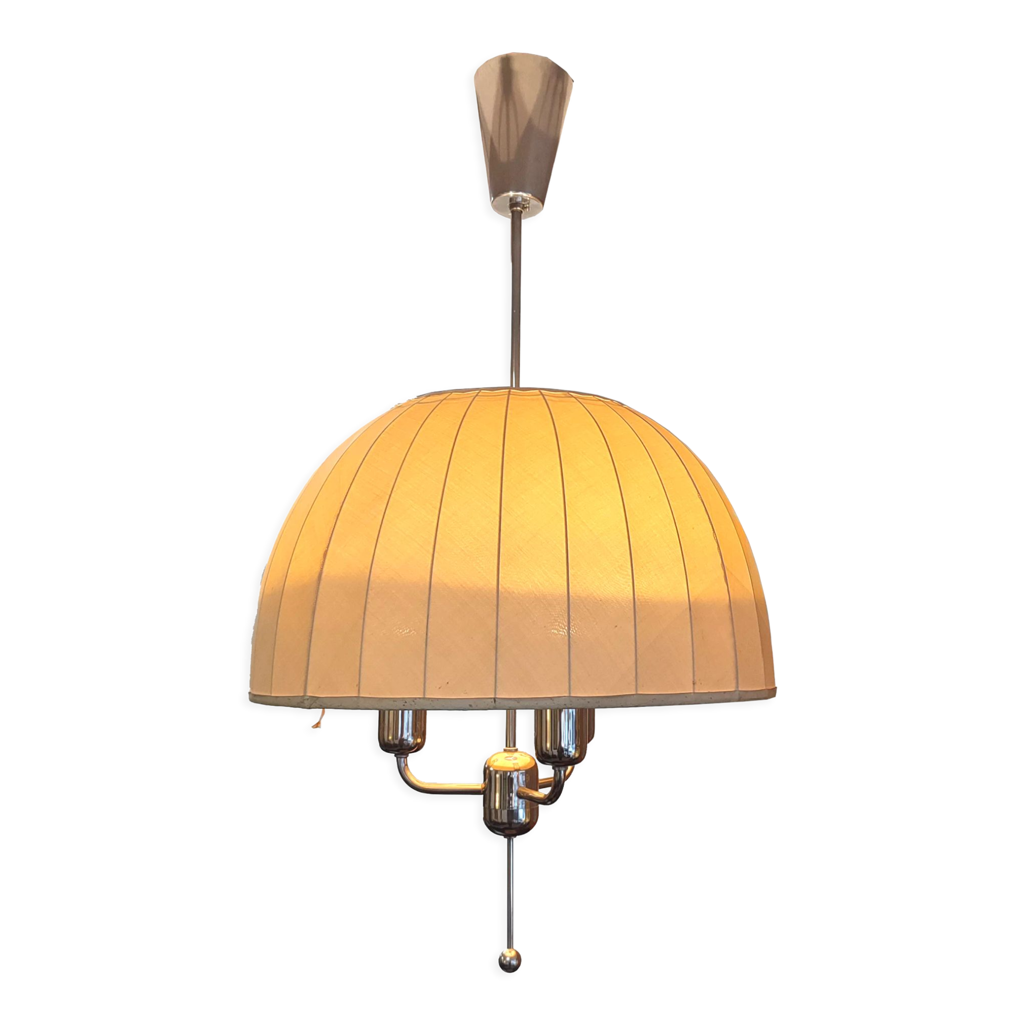 Hans Agne Jakobsson pendant lamp in chromed metal and silk lampshade, 60s