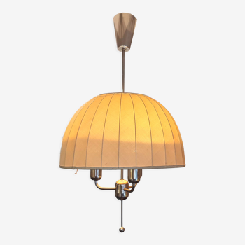 Hans Agne Jakobsson pendant lamp in chromed metal and silk lampshade, 60s