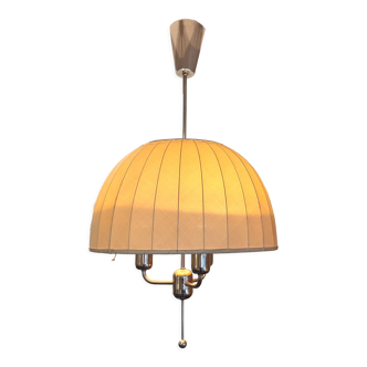 Hans Agne Jakobsson pendant lamp in chromed metal and silk lampshade, 60s