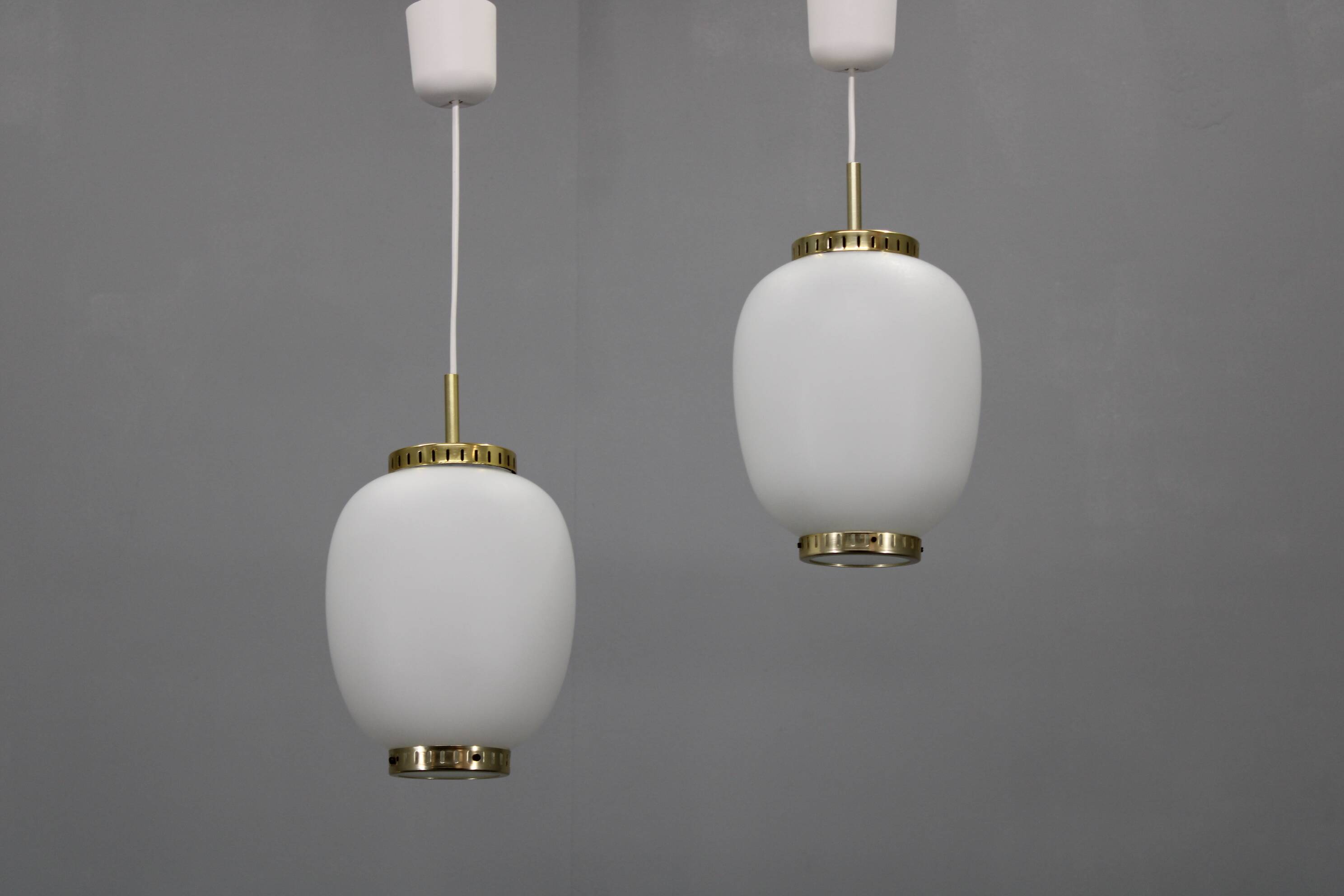 1970s Bent Karlby Pair of China Pendants of Opaline Glass and Brass by Lyfa
