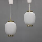 1970s Bent Karlby Pair of China Pendants of Opaline Glass and Brass by Lyfa
