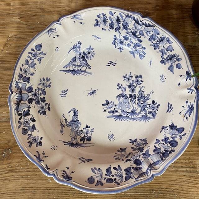 Large round hollow serving dish with blue Moustiers decor