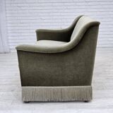 Canapé 3 places danois des années 1970, velours vert, bois de hêtre.