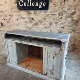 Antique oak counter with zinc top and blue patina