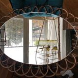Vintage sun mirror in 60s rattan with rattan fastener 57x40cm
