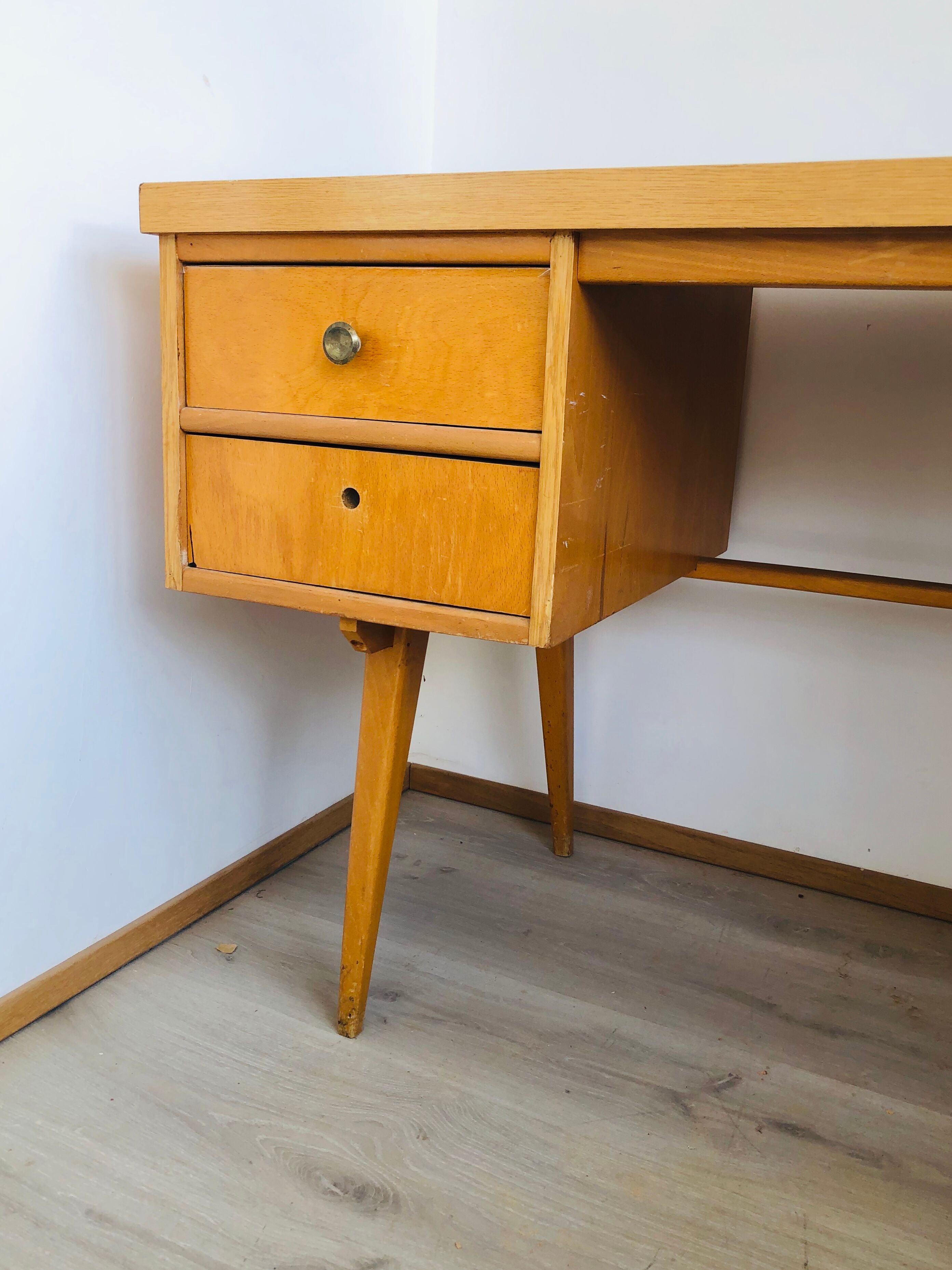 60s office in honey wood and formica moka compass feet