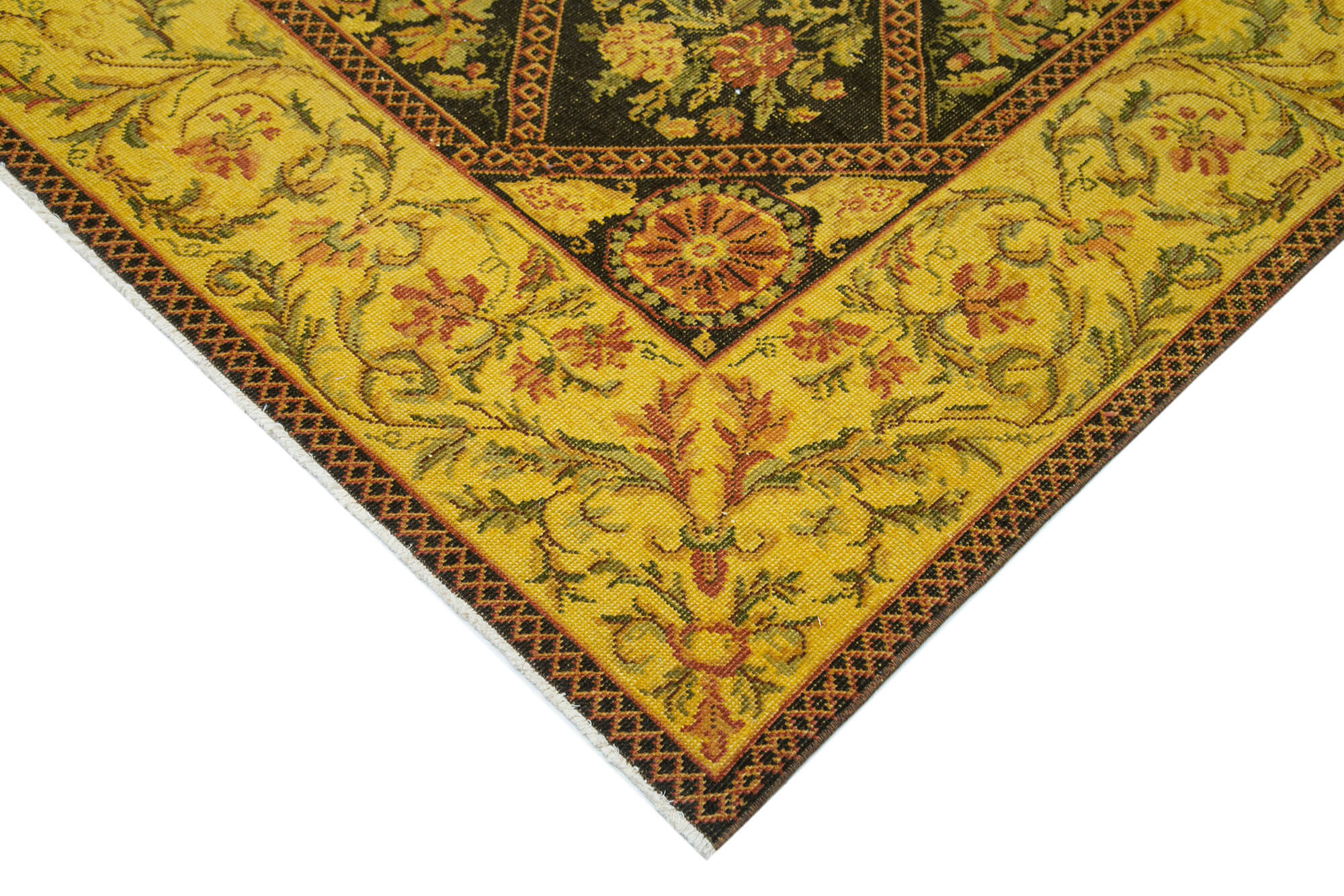 Handwoven persian overdyed 291 cm x 404 cm yellow wool rug