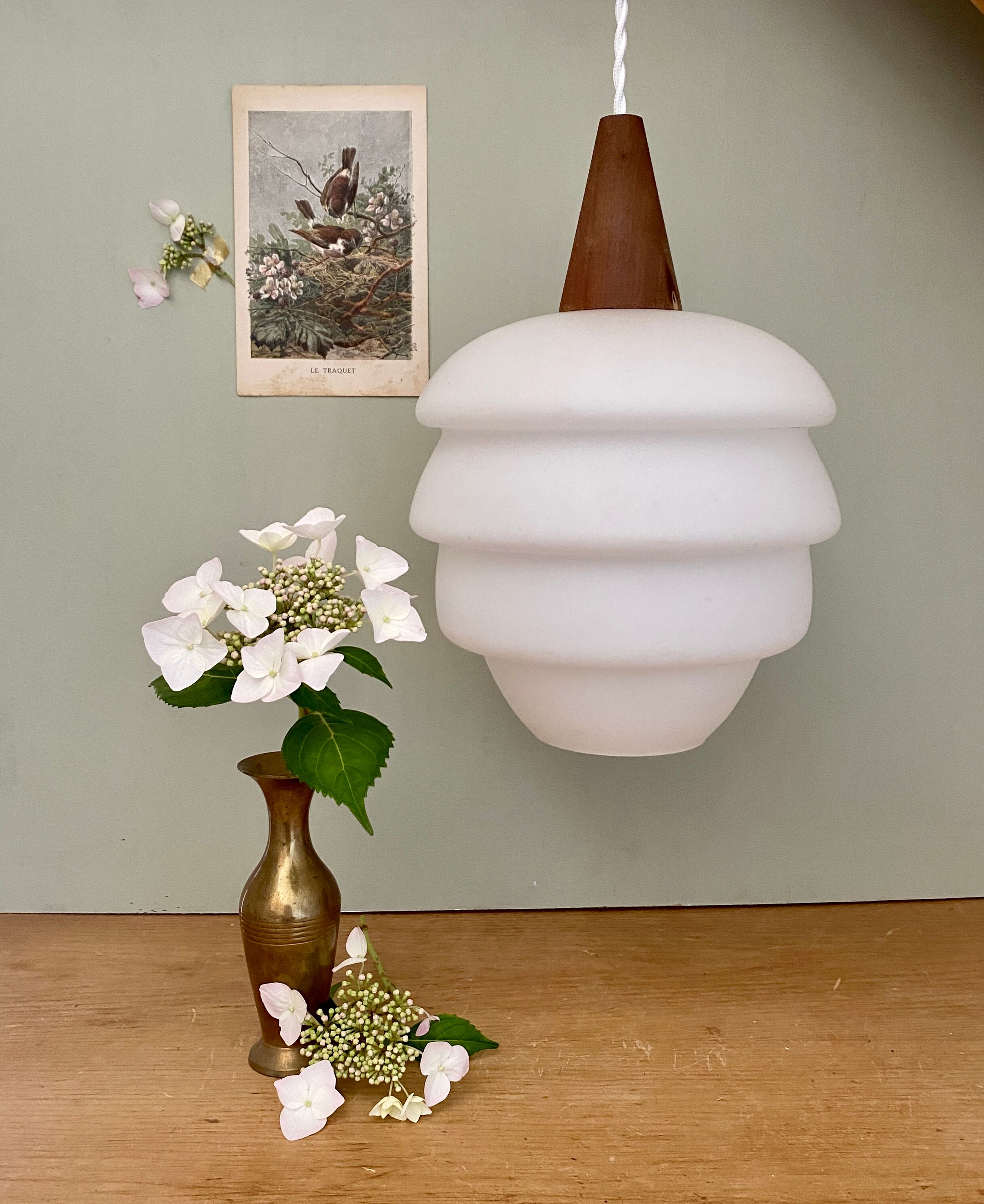 Vintage Scandinavian pendant lamp in teak and opaline