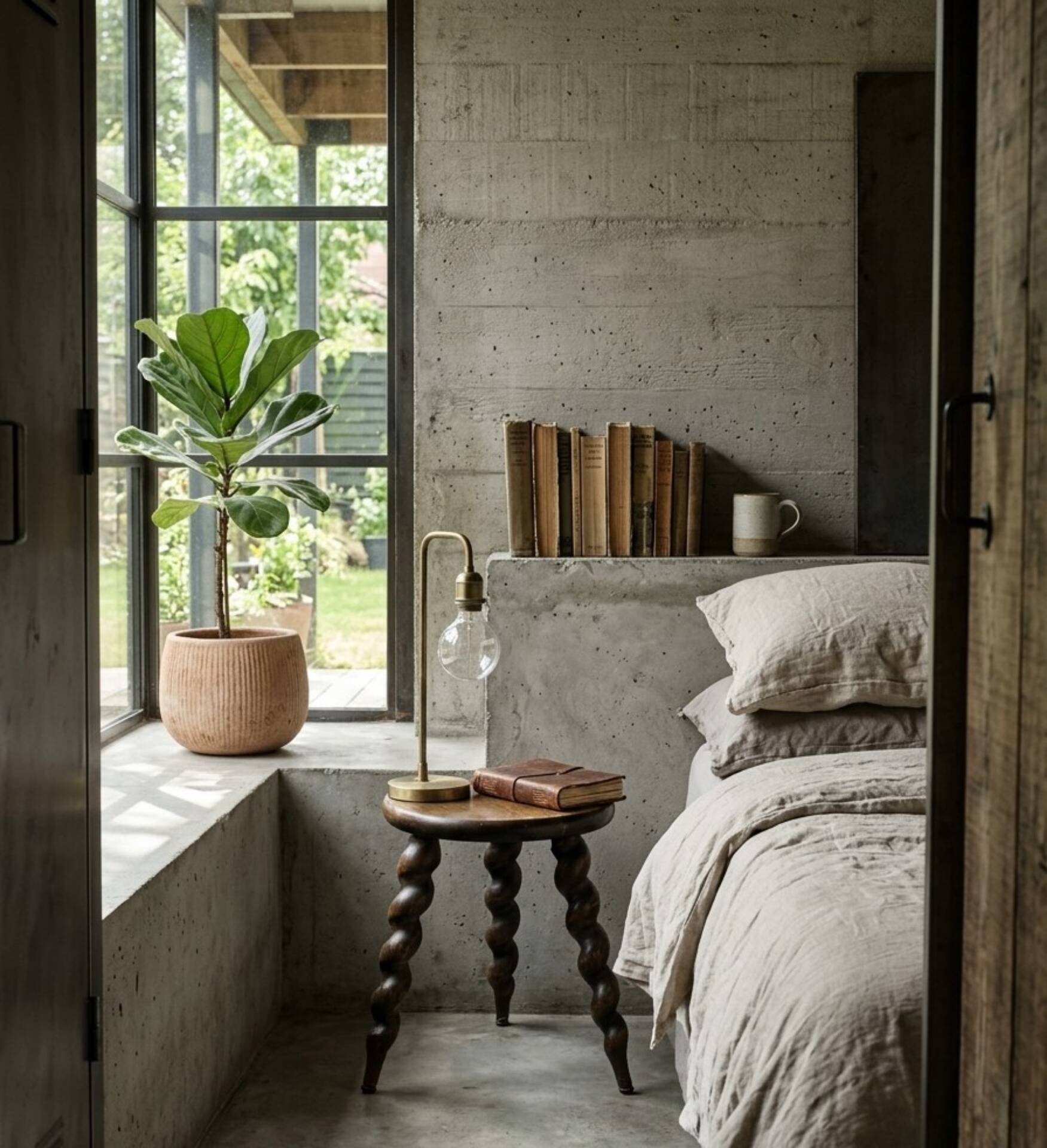 tabouret de ferme tripode brutaliste | pieds torsadés