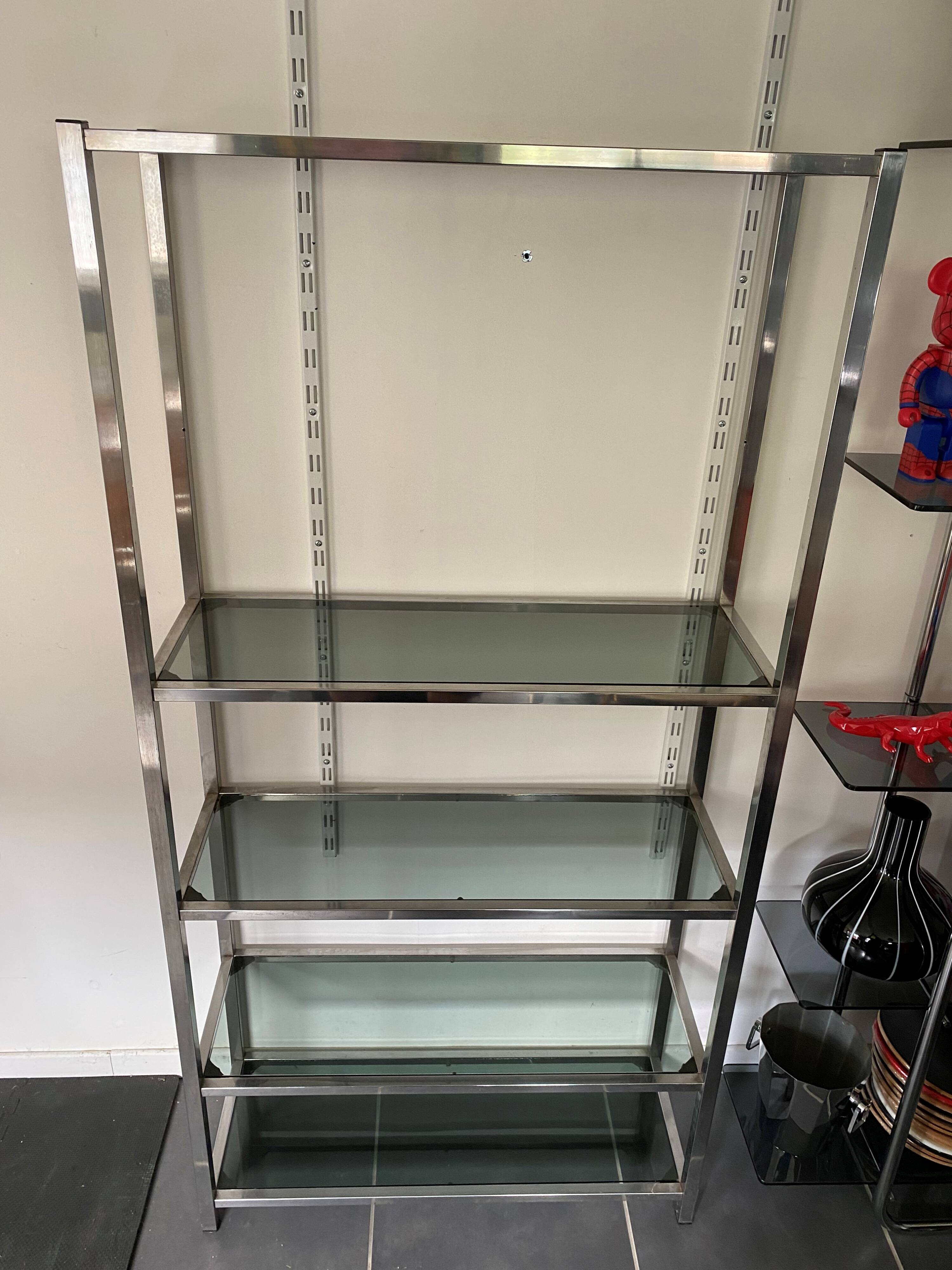 Display bookshelf modular wall shelf glass and chrome vintage 1970s