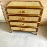 Vintage 4-drawer chest of drawers from 1970, rattan and bamboo, excellent condition.