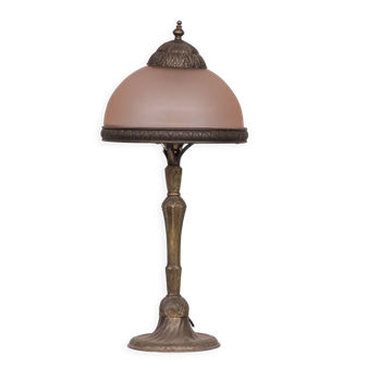 French art nouveau brass and glass table lamp