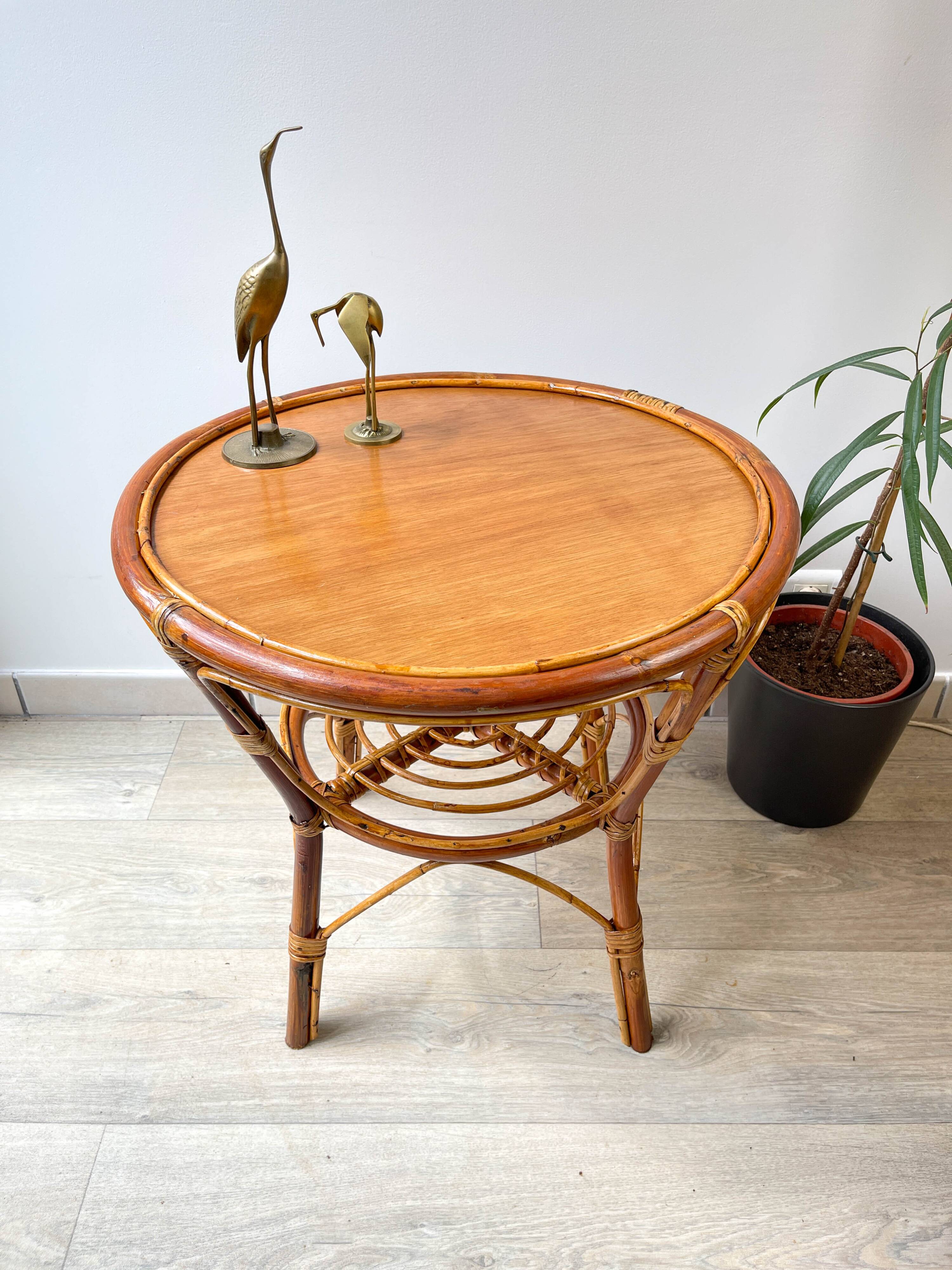 Vintage round rattan coffee table 1970