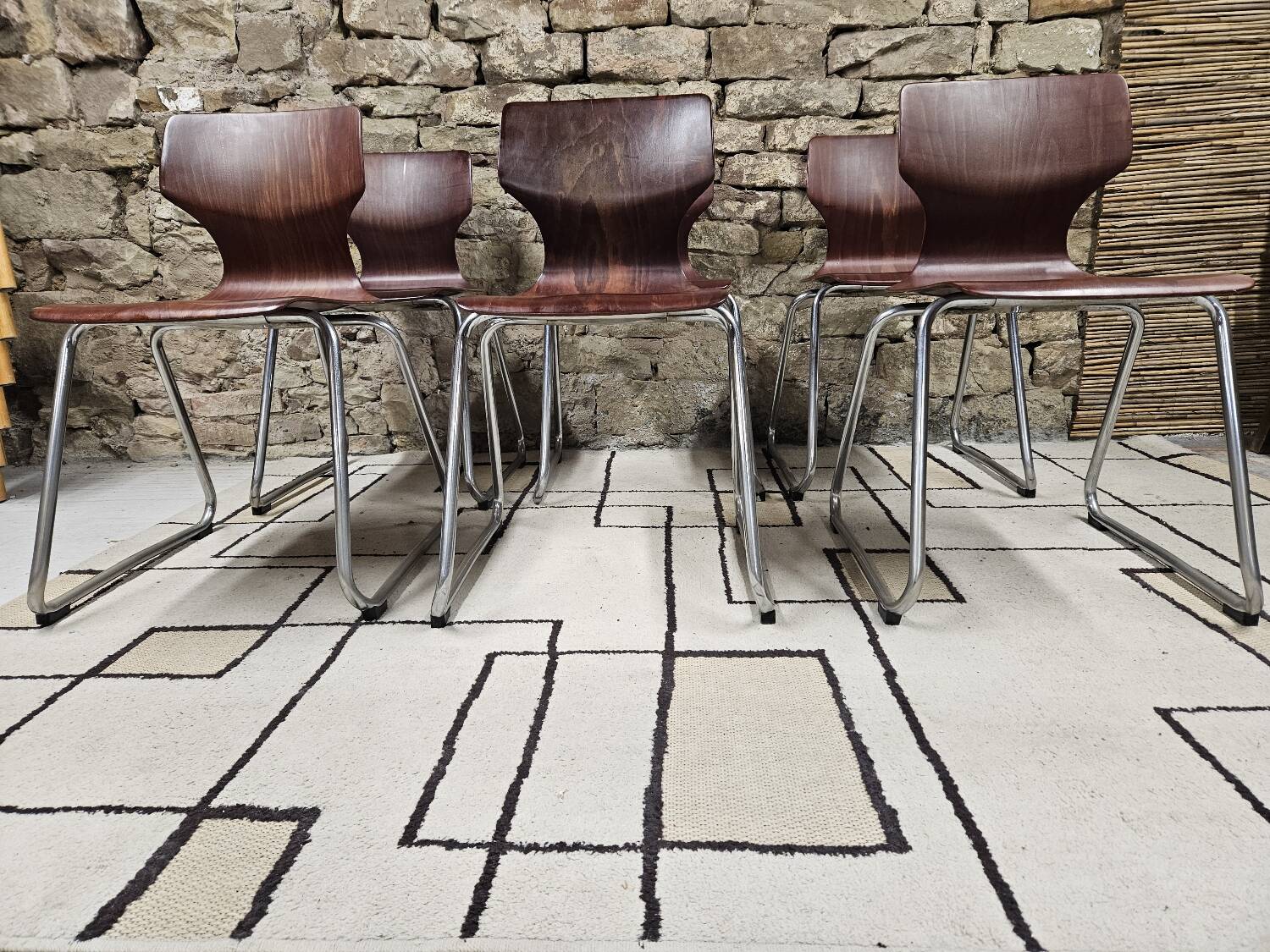 Set of 6 Flötotto pagwood stackable chairs 1960