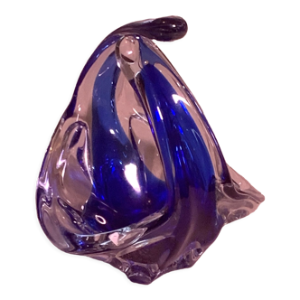 Ashtray in transparent and blue blown glass with a design shape
