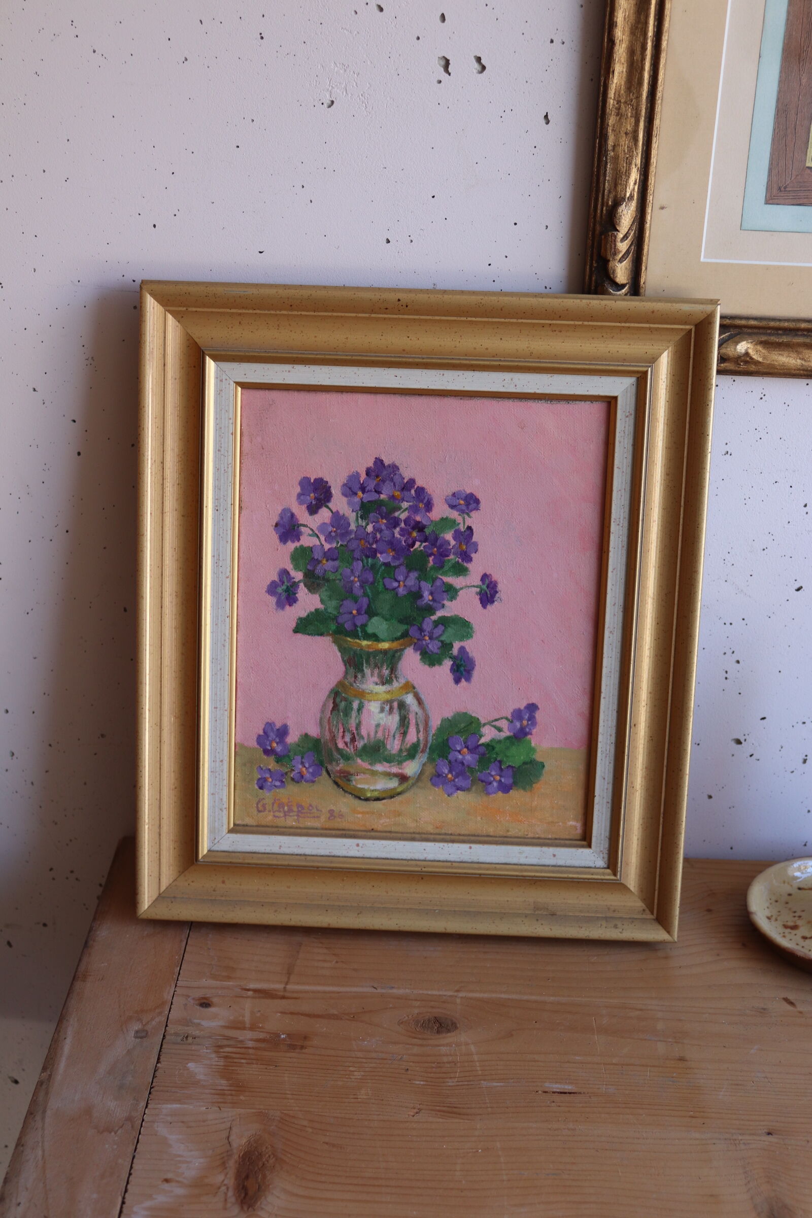 Framed oil on canvas – still life with violets