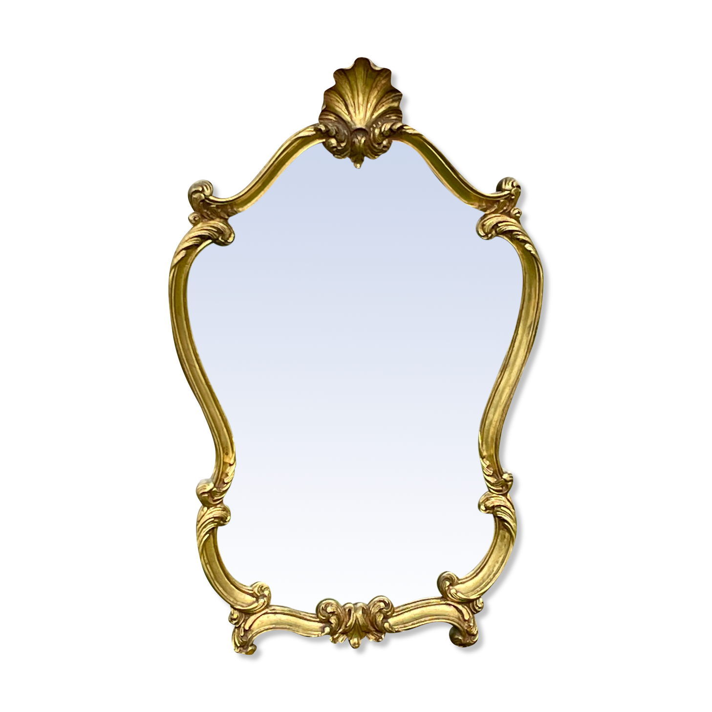 Beveled gilded wood mirror with violin shapes, Louis XV baroque style shell