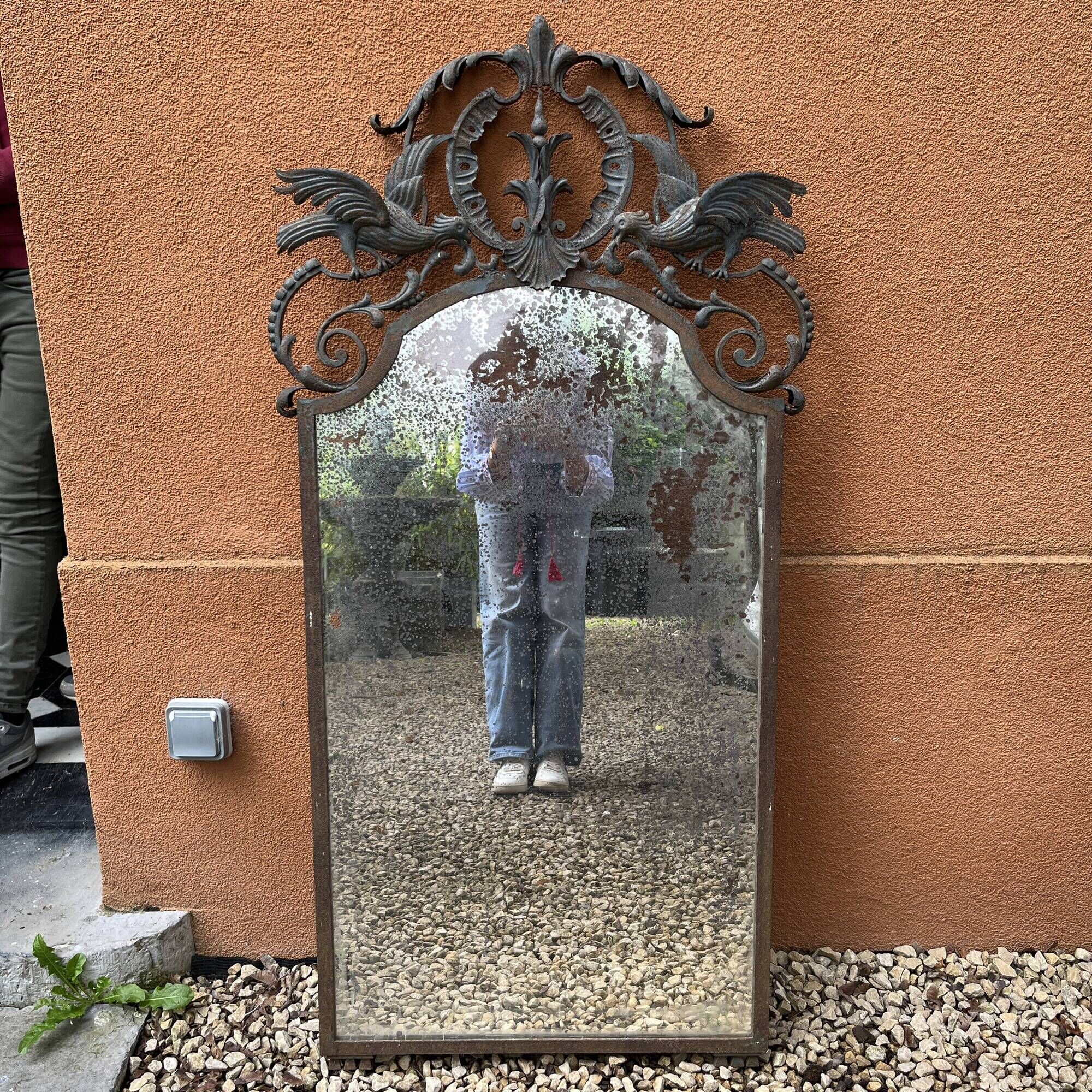 Art Deco wrought iron bird mirror in the style of Gilbert Poillerat, circa 1930