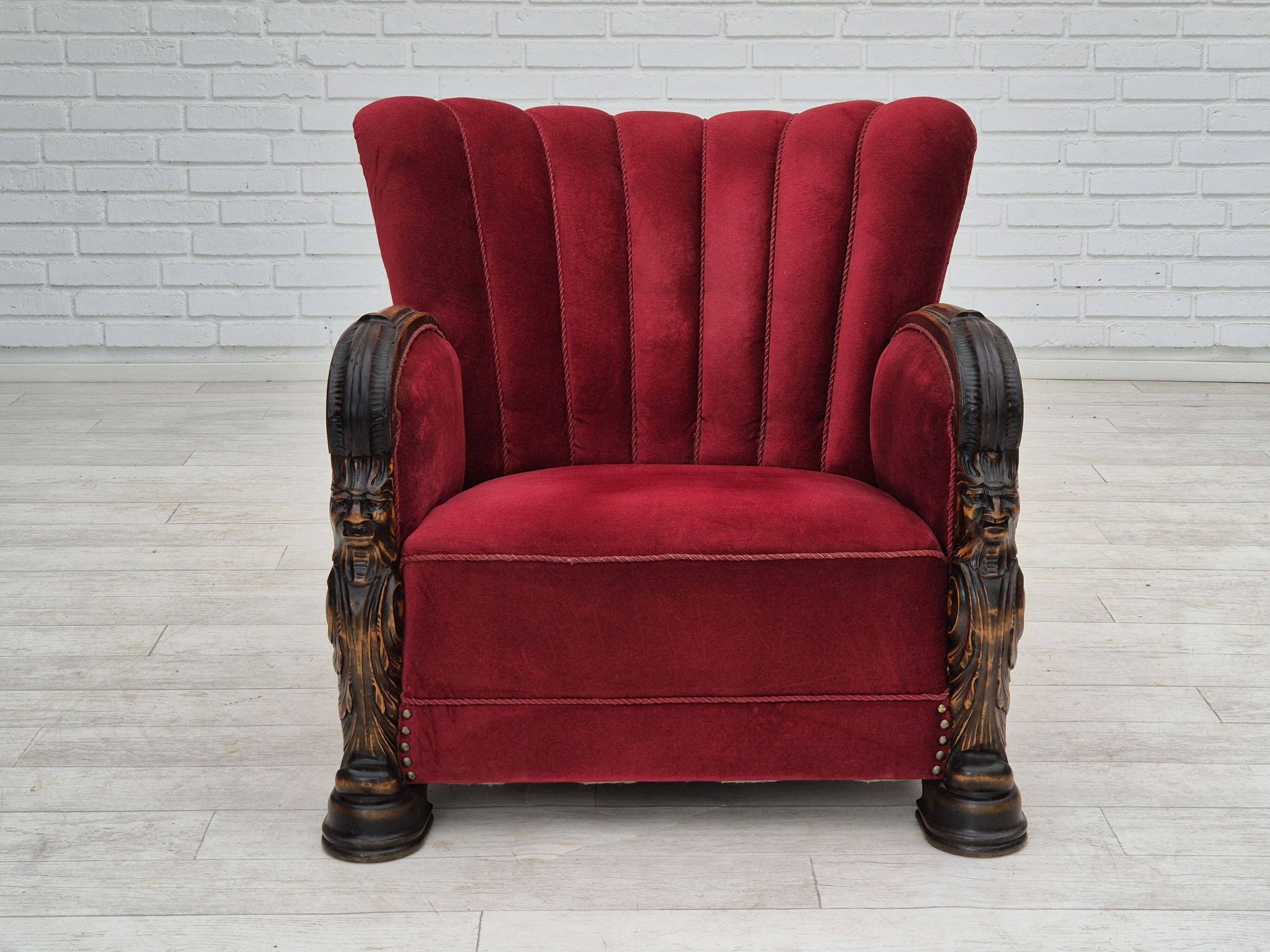 1950s, Danish armchair with footstool, furniture velour, ash wood.