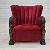 1950s, Danish armchair with footstool, furniture velour, ash wood.