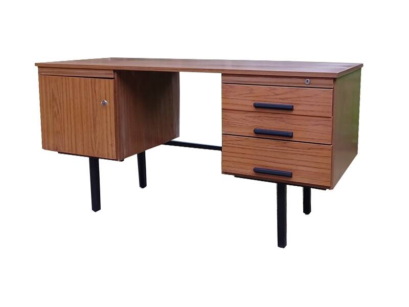 Modernist desk with double drawers in formica and metal, 1960.