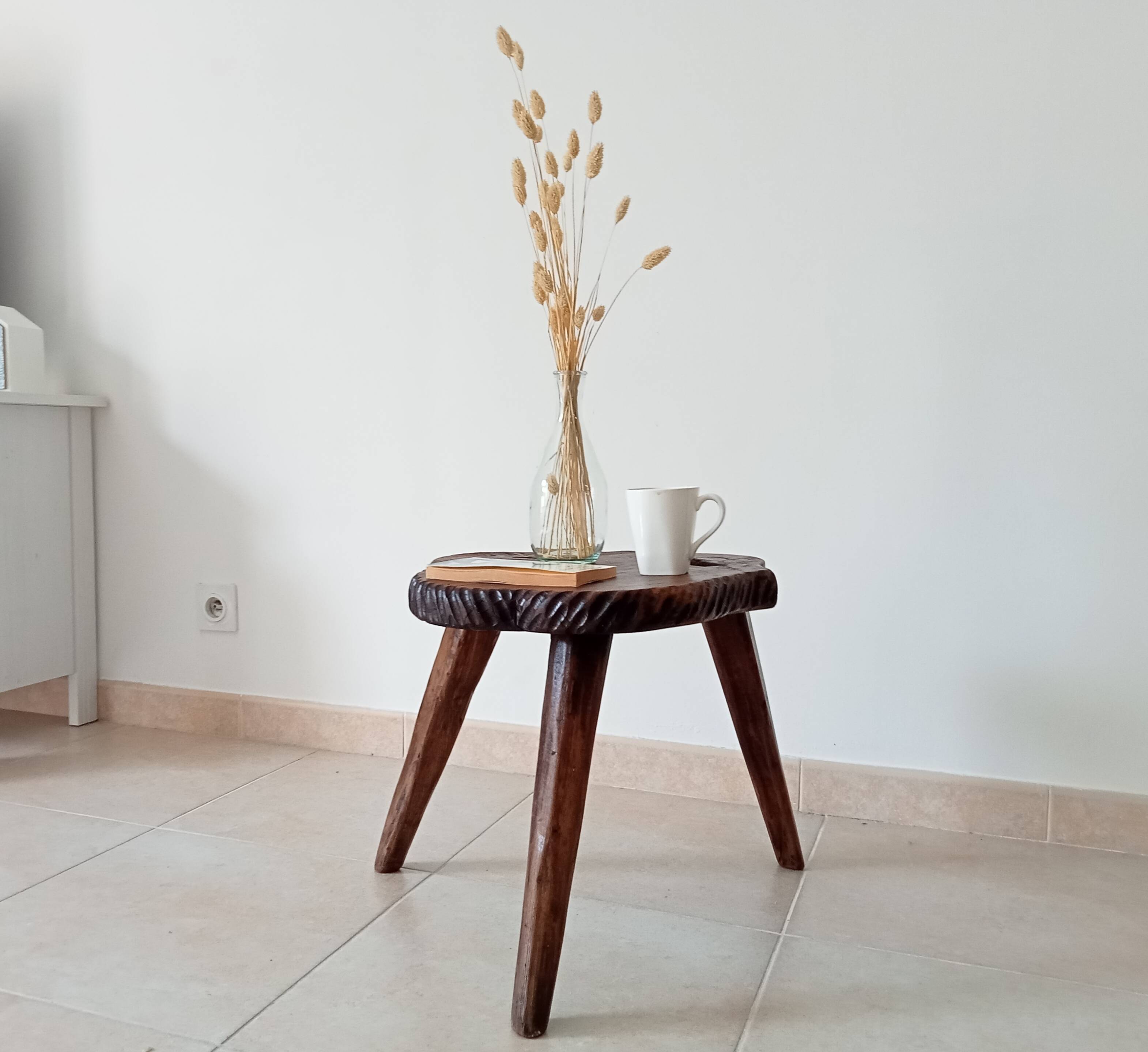 Brutalist tripod chair in carved wood 19th century