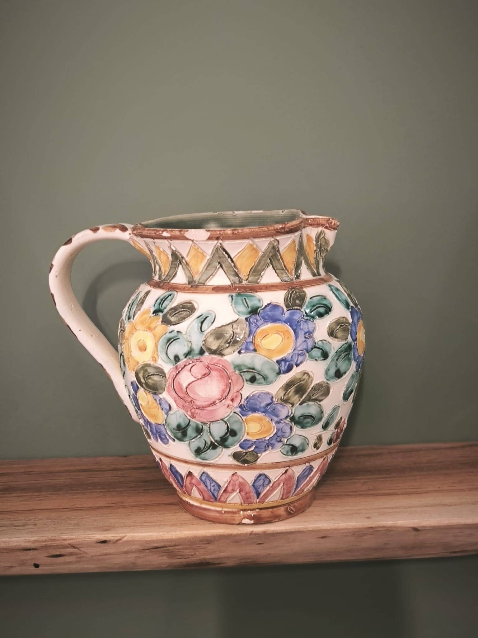 "Cérart Monaco" ceramic pitcher, signed — colorful floral decoration