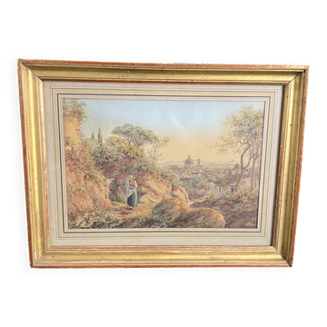 Luigi Garibbo 1858 - Italie vue de Florence jeune femme - Peinture Tempera