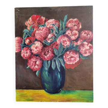 Oil painting on cardboard - bouquet of peonies