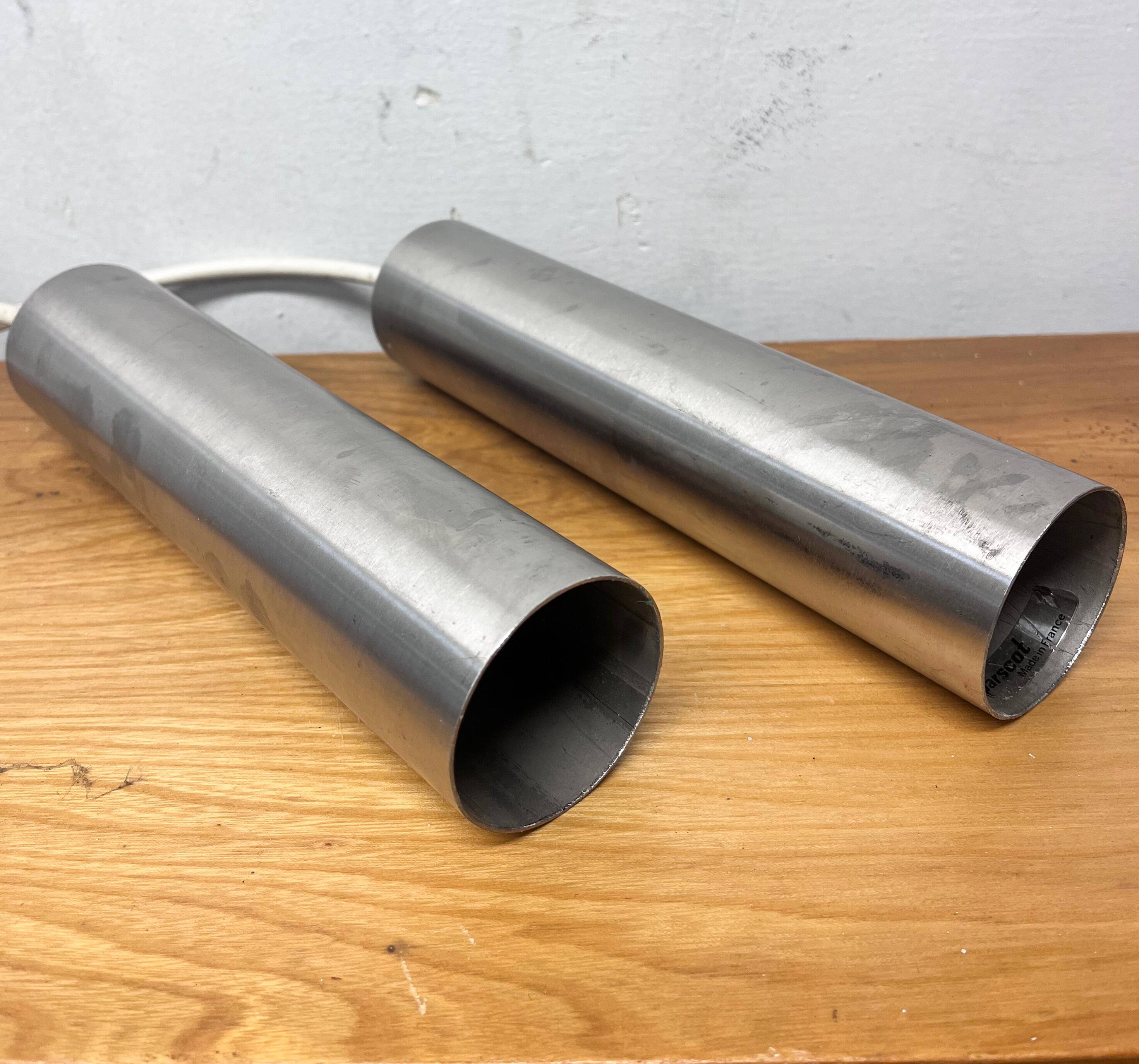 Pair of Parscot brushed metal pendant lights, 1970s