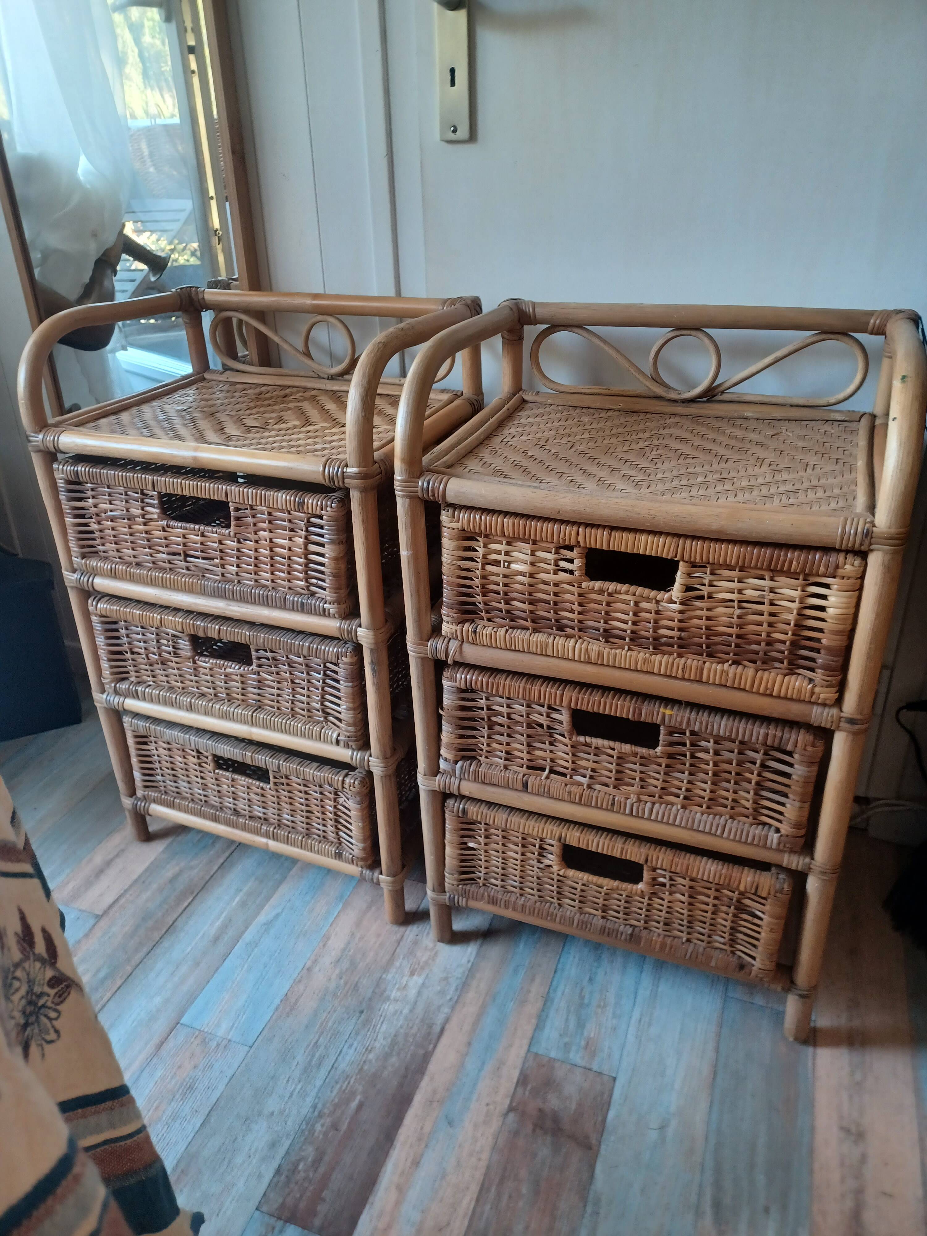 Lot de 2 commodes 3 tiroirs en rotin vintage