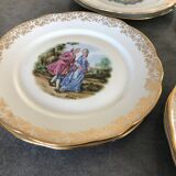 Lot of 8 plates plates pasta and enamels of limoges, decoration of gallant scenes 24.5 cm