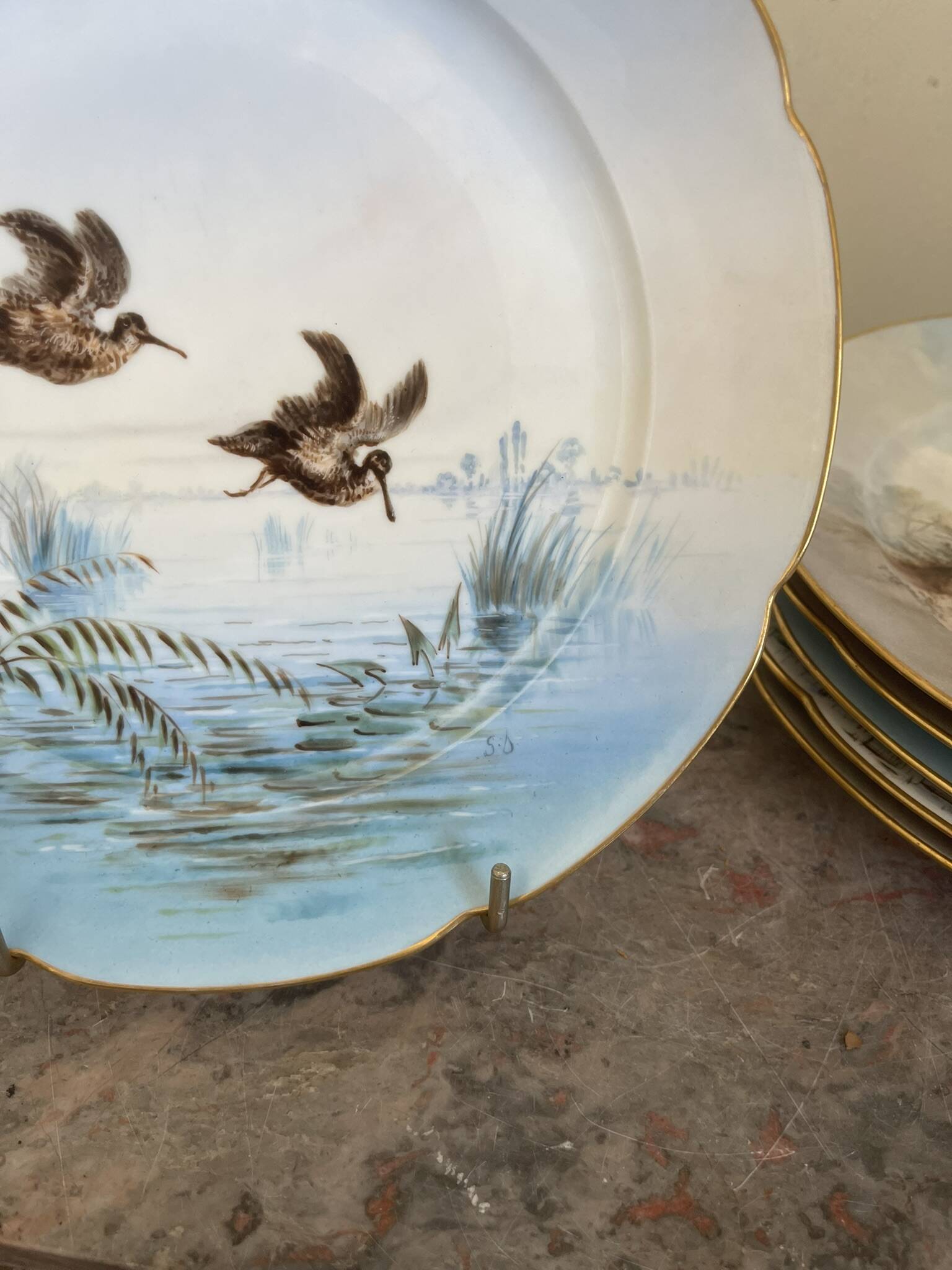 Antique 6x Sèvres Porcelain Plates Lahore & Basket 19th Century Hunting