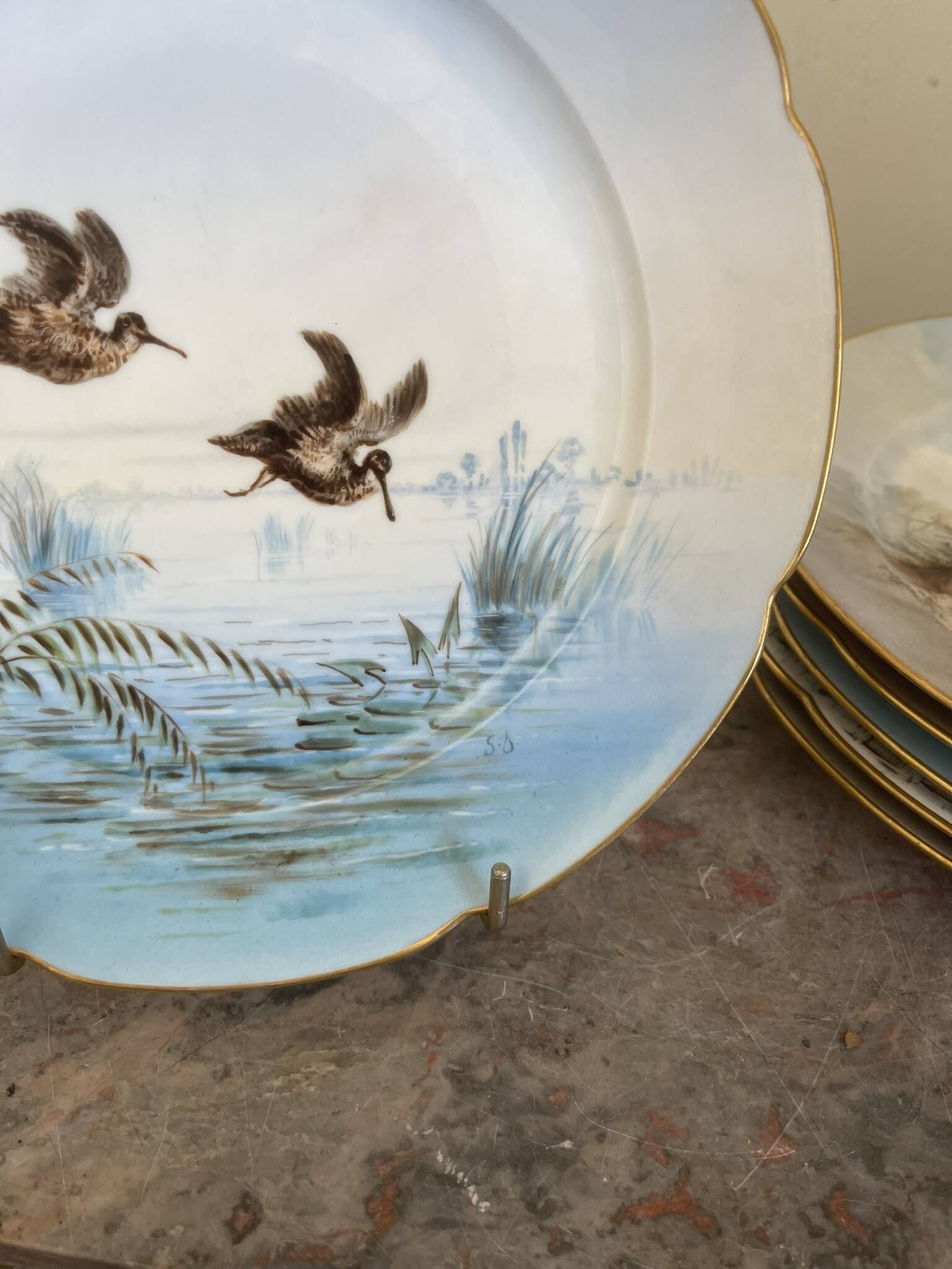Antique 6x Sèvres Porcelain Plates Lahore & Basket 19th Century Hunting