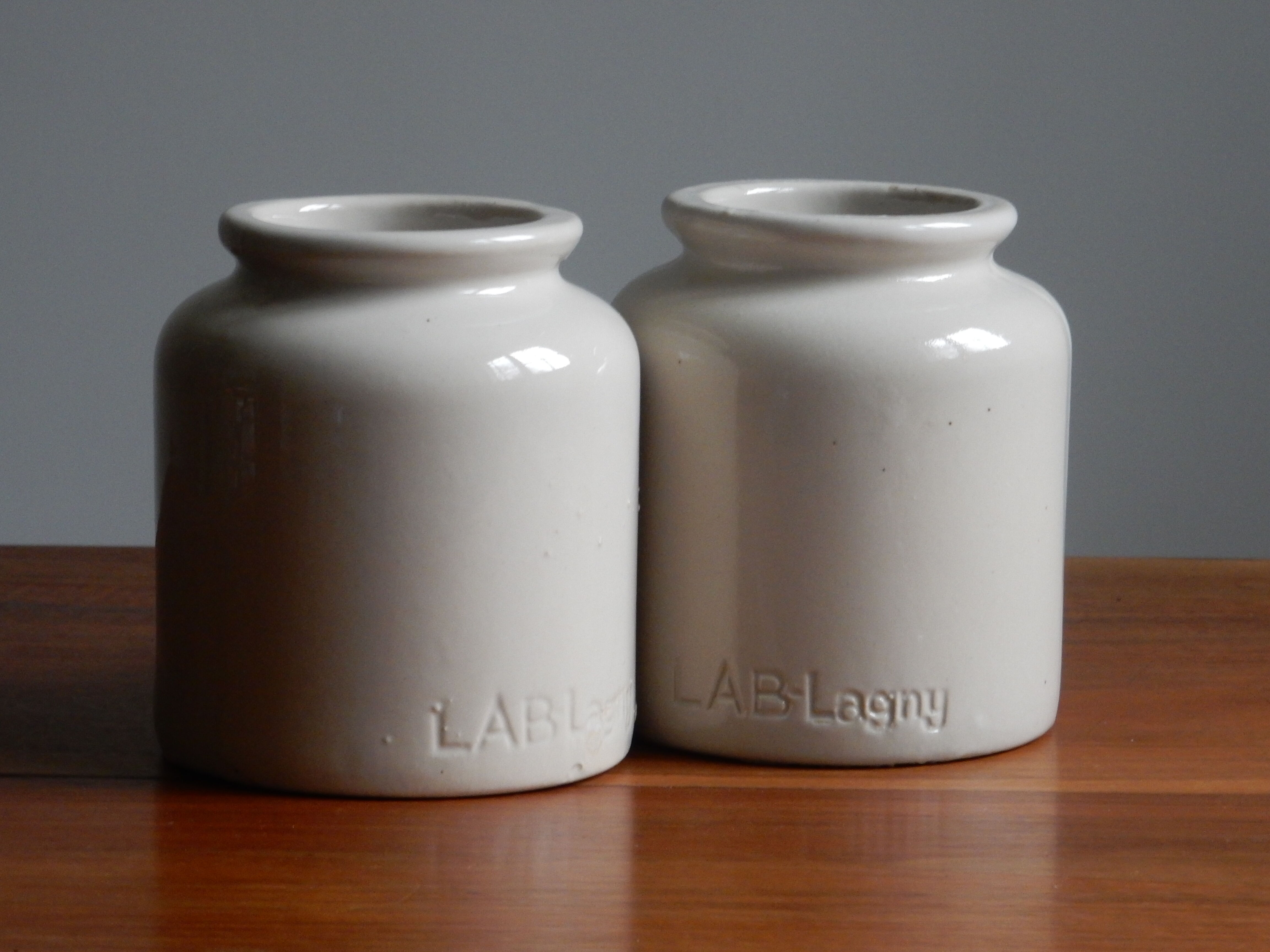 2 lab-lagny enamelled sandstone jars