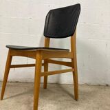 Chaise vintage : bois et cuir skai noir