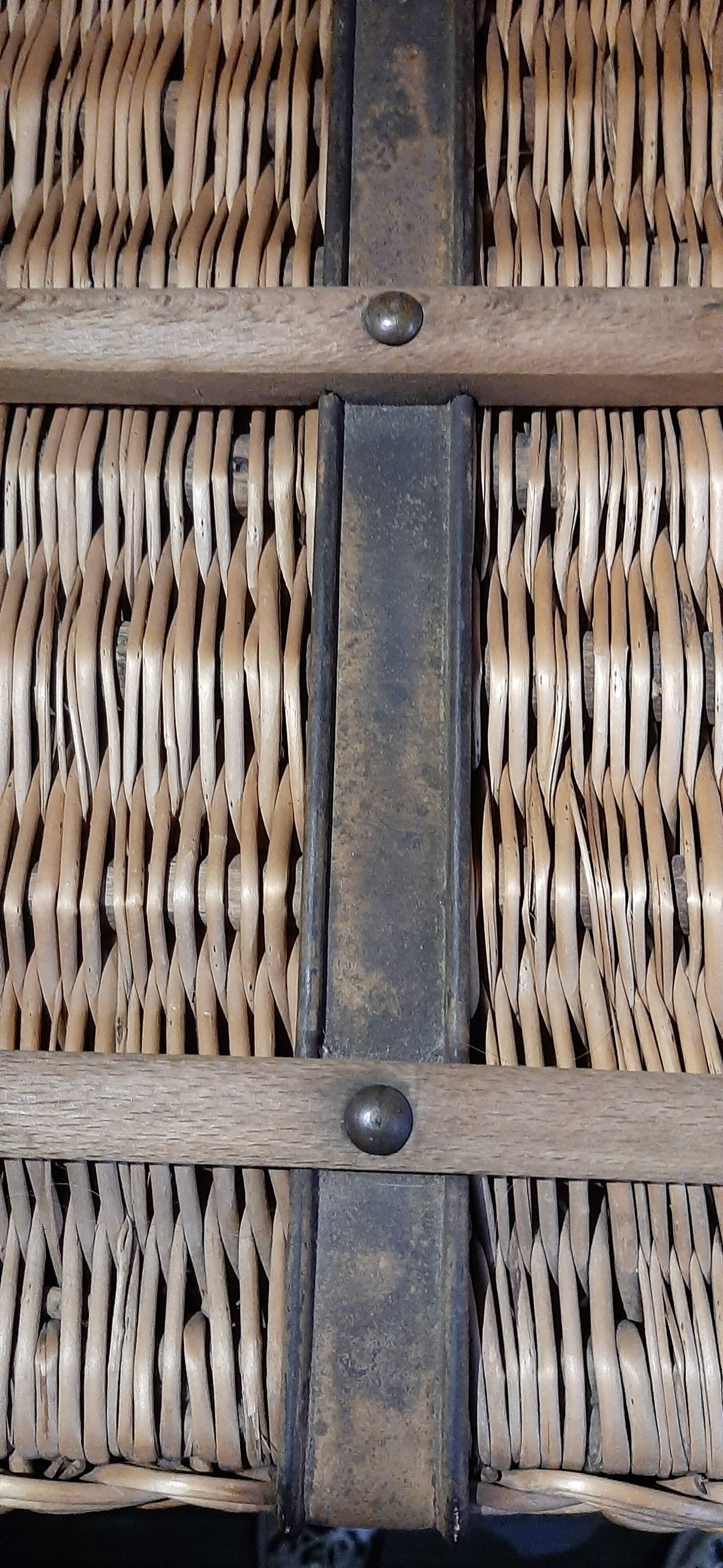 OLD WICKER STEEL AND WOOD TRAVEL TRUNK